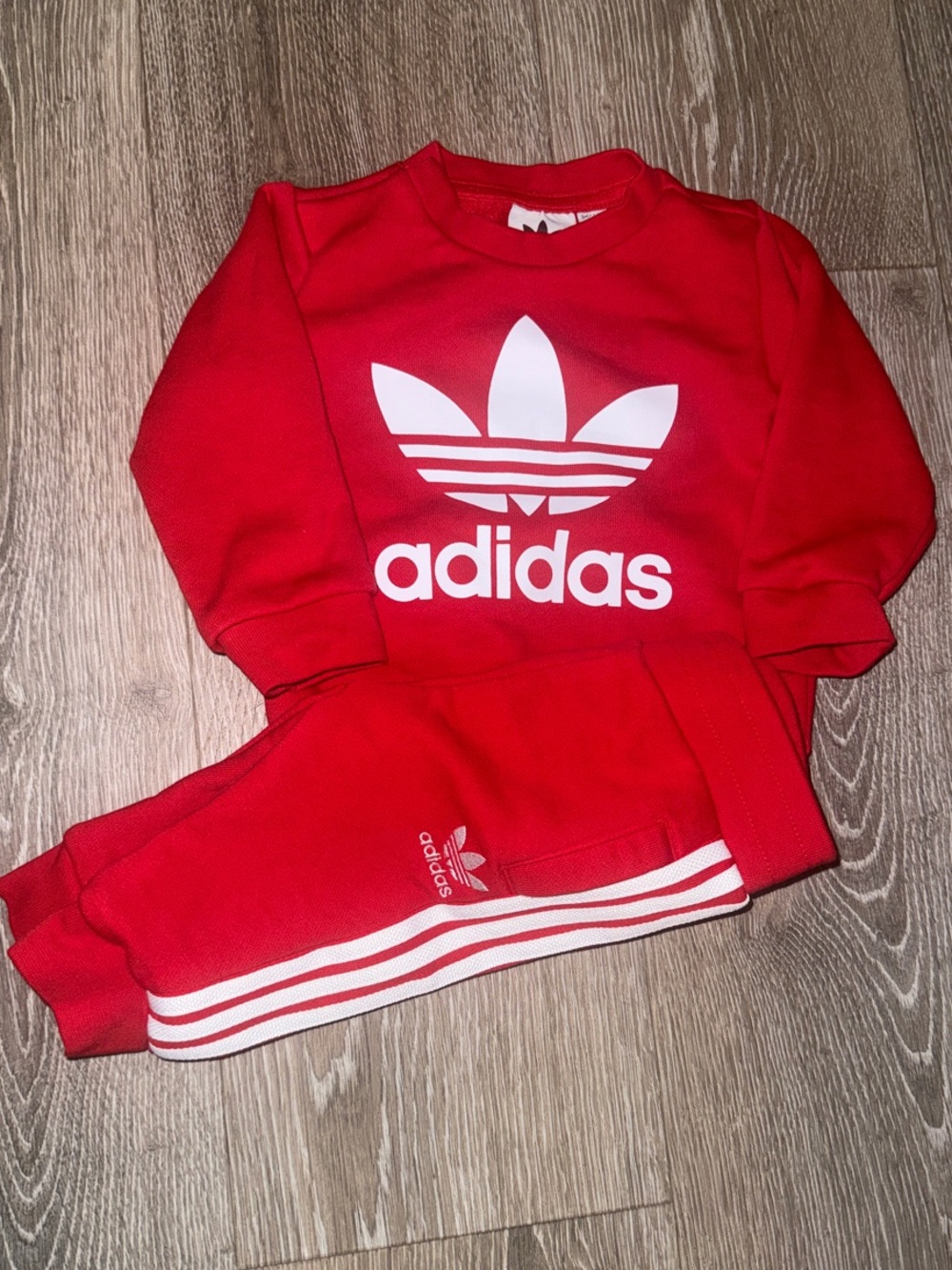 adidas Red Crewneck Sweatshirt and Jogger Set with White Trefoil